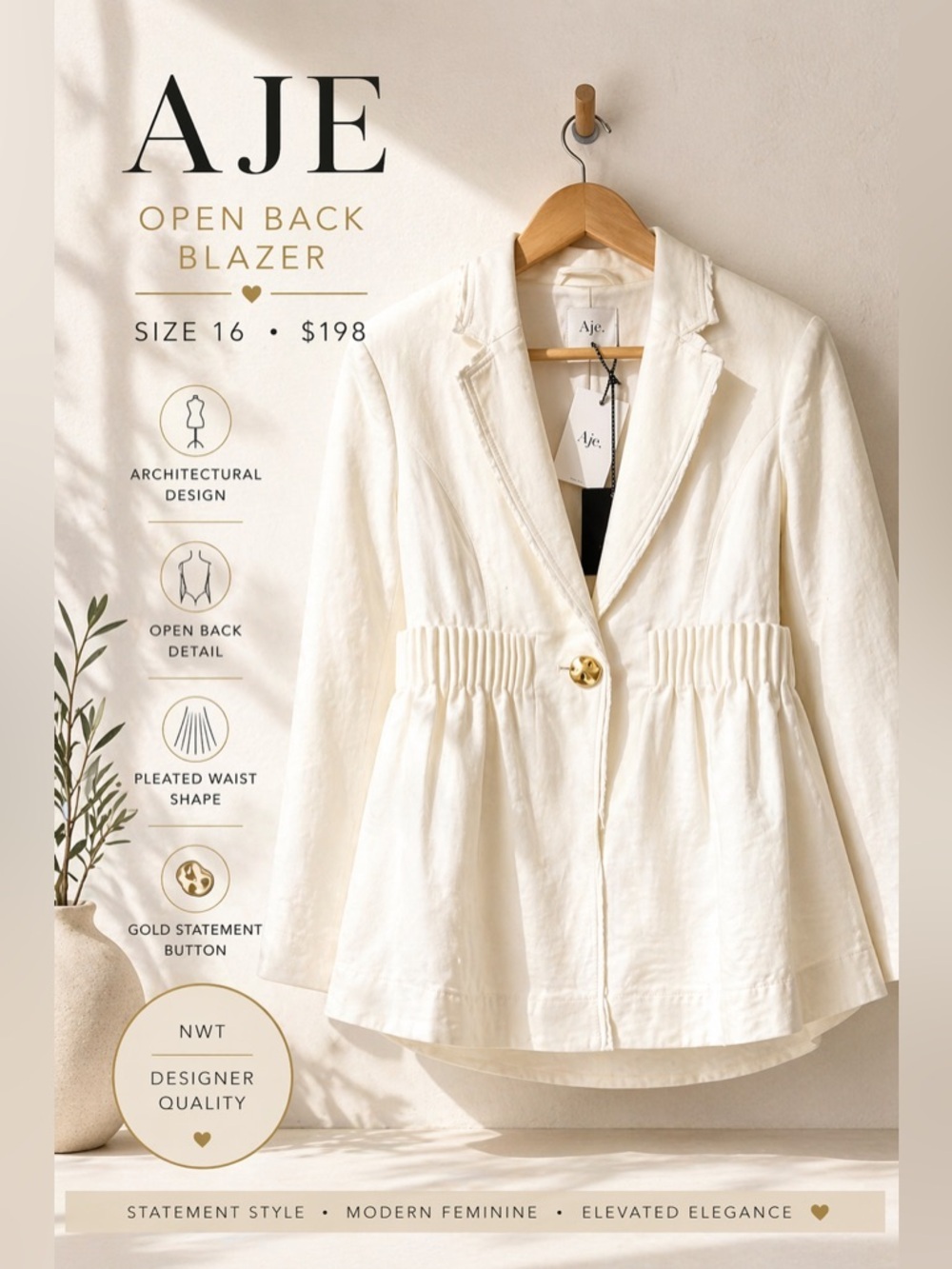 Aje Ivory Open Back Blazer NWT Size 16 Architectural Pleated Jacket